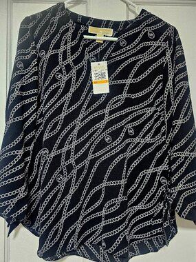 Michael Kors Chain Print Round Neck Tie Accent 3/4 Sleeve Blouse